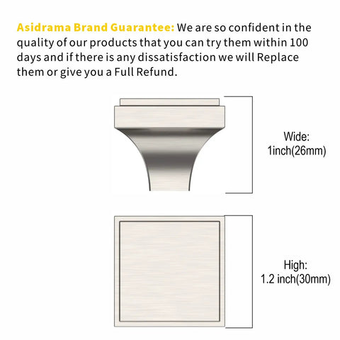 Size dimensions of 30 Pack Brushed Satin Nickel Cabinet Knobs Square Dresser Drawer Pulls Zinc Alloy Hardware for Cabinets and Drawers