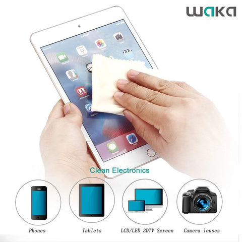 Front view of WAKA microfiber cleaning cloths, 10-pack (6x7), white lint-free cloth for eyeglasses, camera lenses, tablets