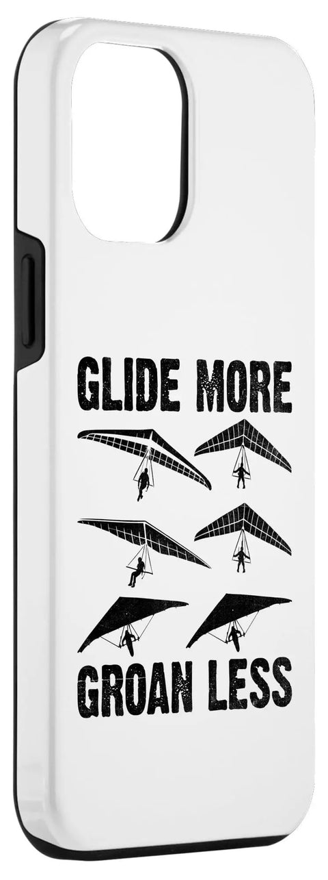 Side view of Glide More Groan Less Hang Glider Pilot Case featuring black graphics on white, polycarbonate shell.