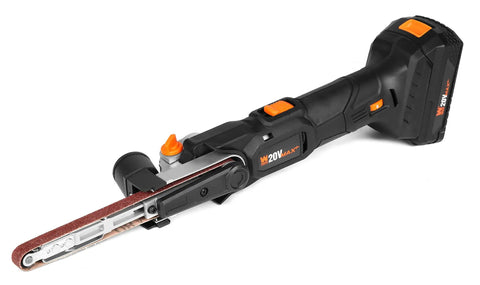 Cordless Detail File Sander With Variable Speed 1000 To 1600 FPM Auto Tracking Belt No Fuss Tool Free Belt Changes pivot up to 55 degrees