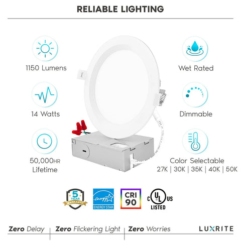 Ultra Thin 6 Inch LED Recessed Light Kit With 14W Dimmable Wet Rated Wafer Lights, showing product features and specifications.