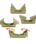 Heavy Duty Magnetic V Pads Kit Four And A Quarter Inch Alloy Steel Bronze Finish Each Pad Contains Eight Rare Earth Magnets Flexible V Design Lets You Attach To Flat Or Curved Surfaces With A Strong 58 Lbs Pull, showing four pads in different angles.