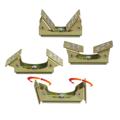 Heavy Duty Magnetic V Pads Kit Four And A Quarter Inch Alloy Steel Bronze Finish Each Pad Contains Eight Rare Earth Magnets Flexible V Design Lets You Attach To Flat Or Curved Surfaces With A Strong 58 Lbs Pull, showing four pads in different angles.