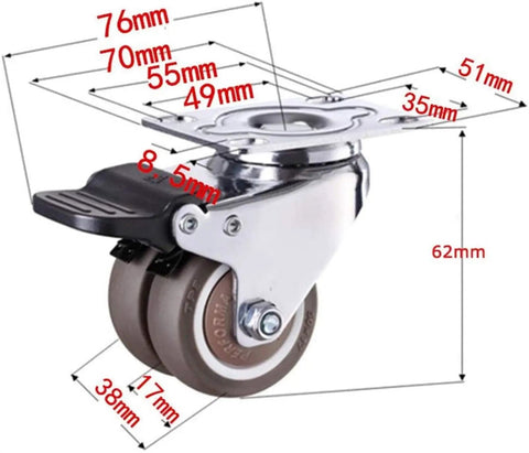 Heavy Duty Twin Rubber Casters 2 Inch Super Quiet Furniture Rollers Built Like A Tank with detailed dimensions on a white background.