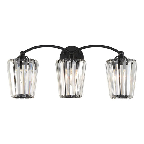 Modern black vanity lights with elegant crystal accents, three-light fixture, E26 base, for bathroom. Bulb excluded, dimmer compatible.