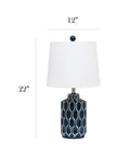 Blue Ceramic Table Lamp With Handpainted White Pattern, White Fabric Shade, Easy Rotary Socket Switch, 12 Inch Diameter, 22 Inch Tall