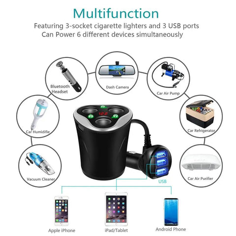 Straight Plug And Play 3 Way Cigarette Lighter Splitter With Triple Usb Car Charger 120W heavy duty power hub with 3 sockets and USB ports.