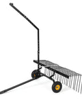 60 Inch Tow Behind Dethatcher with 24 Spring Steel Tines, attached to frame, suitable for ATV or mower, side view.