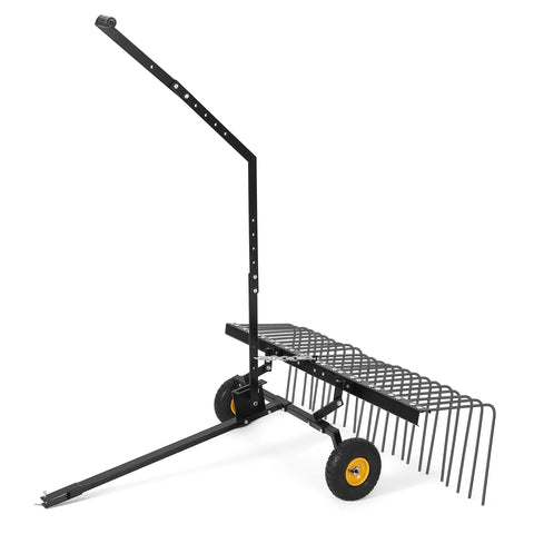 60 Inch Tow Behind Dethatcher with 24 Spring Steel Tines, attached to frame, suitable for ATV or mower, side view.