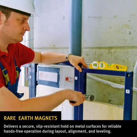 Person using Die Cast Torpedo Level with Protractor Vial and Adjustable 360 Degree Vial on metal surface, showing rare-earth magnets.