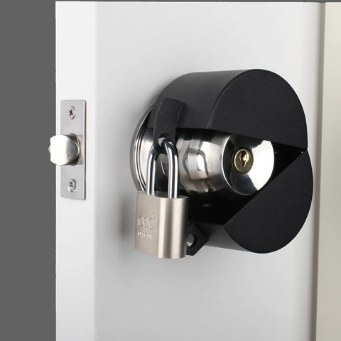 Built Tough Door Knob Lockout Cover Keeps Spaces Locked Down With Zero Drama Blocks knob turning with padlock on door.