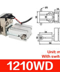 Heavy Duty Mechanical Arm Gripper Cylinder With Magnetic Parallel Clamping Clip for 1210, 1205PT, WD, 1815, 1820 Series and M5-6 Fittings, shown with dimensions and switch