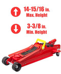 Heavy Duty Hydraulic Low Profile Floor Jack With Quick Lift Pump, 2.5 Ton Capacity, Trolley Style For Sedans, Durable Steel Construction, Single Piston Lift, Lifts From 3.33 Inches To 15 Inches, Red, shown with minimum and maximum height indicators.