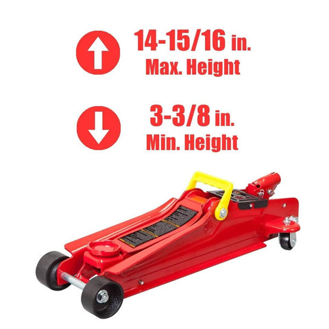 Heavy Duty Hydraulic Low Profile Floor Jack With Quick Lift Pump, 2.5 Ton Capacity, Trolley Style For Sedans, Durable Steel Construction, Single Piston Lift, Lifts From 3.33 Inches To 15 Inches, Red, shown with minimum and maximum height indicators.