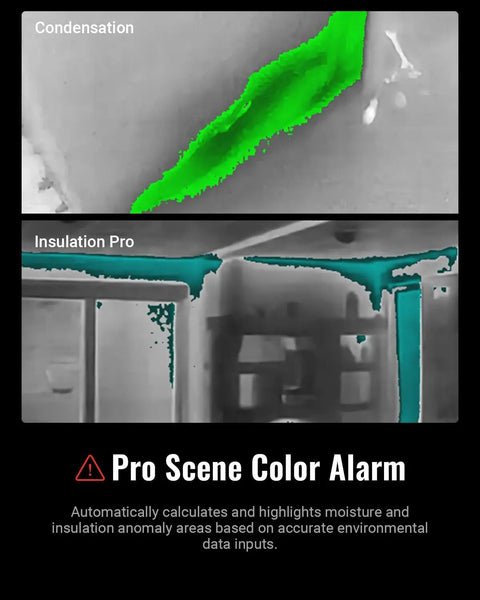 Dual Camera Thermal Imaging Device With 256x192 IR Sensor And 640x480 Live Super Resolution 3.2 Inch Screen 2MP Visible Camera 16GB Storage Carrying Case Pro Grade Heat Detection For On The Go showing color alarm for moisture and insulation anomalies.