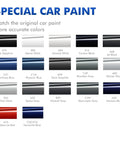 Color swatch chart for special car paint, listing Monaco Blue A35 among 16 BMW compatible shades for scratch repair.