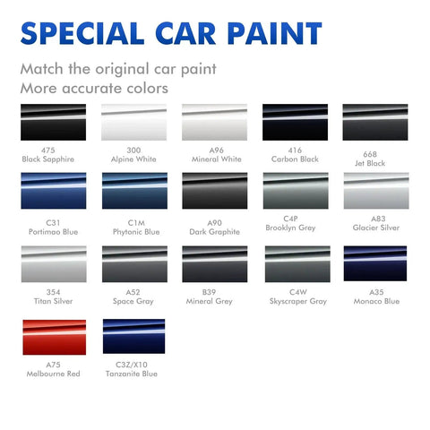 Color swatch chart for special car paint, listing Monaco Blue A35 among 16 BMW compatible shades for scratch repair.
