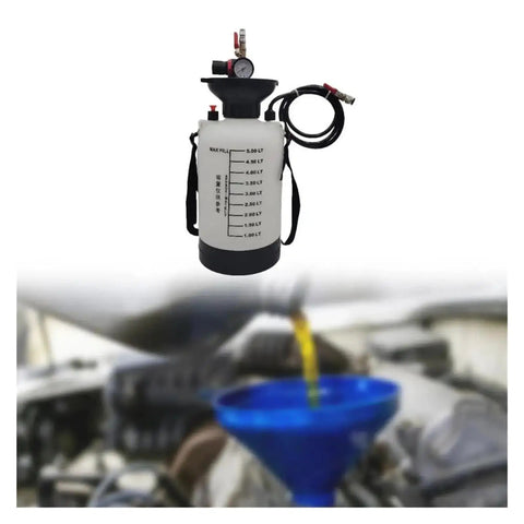 Top Rated Compatible Pneumatic Transmission Fluid Pump For ATF Extraction And Dispensing Simplifies Auto Maintenance With One-Handed Power Transfer And Quick Swap Tips, shown with hose and funnel.