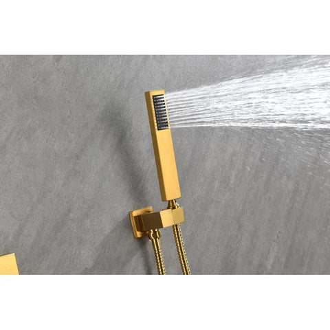 Handheld shower wand from a Shower System with Waterfall Rainfall Head, Handheld, Wall-Mounted Faucet, featuring golden finish.
