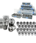 High Precision 65Mn Steel ER32 Spring Collet Chuck Set With Nuts For CNC Machines 1-16mm Range displayed in cases and containers.