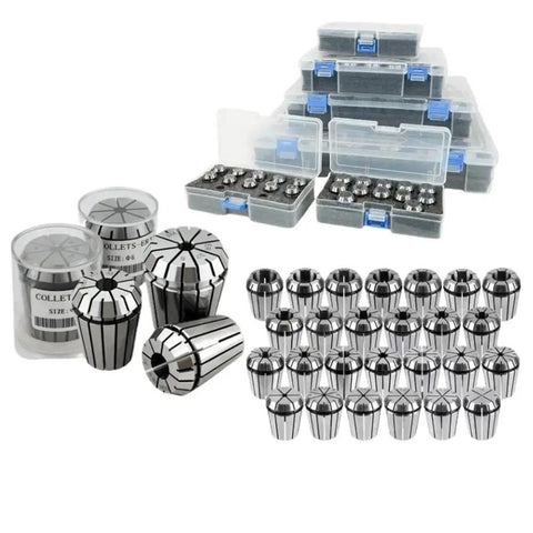 High Precision 65Mn Steel ER32 Spring Collet Chuck Set With Nuts For CNC Machines 1-16mm Range displayed in cases and containers.