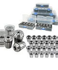 Top Notch Spring Collet Chuck Set For CNC Machining ER11 ER16 ER20 With High Precision Gripping 1 To 16mm Range Made Durable Steel, showcasing various collets in storage boxes.