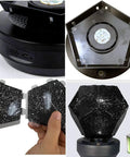 Multiple views of Galaxy Star LED Night Light Projector With Bluetooth Music Player, showing rotating base and starry cover.