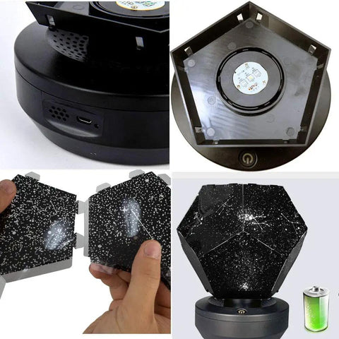 Multiple views of Galaxy Star LED Night Light Projector With Bluetooth Music Player, showing rotating base and starry cover.