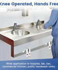 Dual Pedal Knee Valve For Hands Free Faucet installed on stainless steel hospital sink with no touch water control