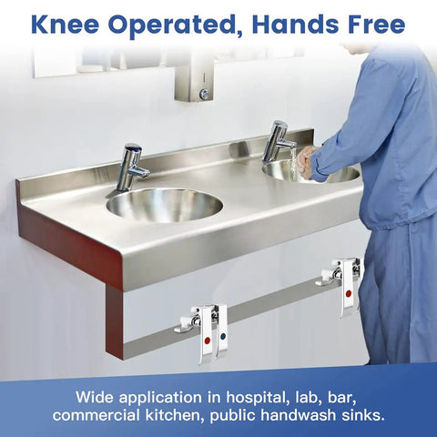 Dual Pedal Knee Valve For Hands Free Faucet installed on stainless steel hospital sink with no touch water control