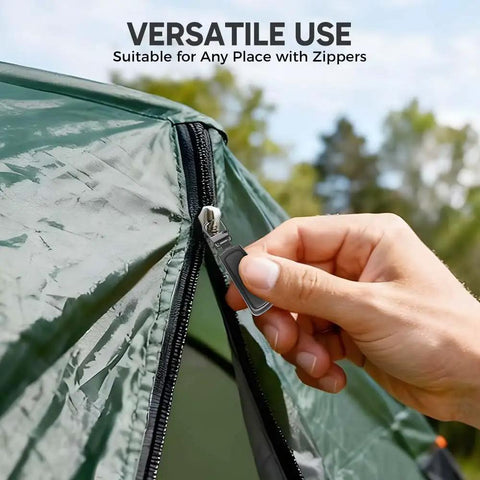 Hand installing Removable Universal Anti Slip Zipper Pull Replacement Kit on green tent zipper