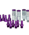 14 Piece Hi Flo V Style One Fourth Inch Purple Anodized Kit For Spray Paints, Sand Blasting, And High CFM Blow Guns, Color Coded