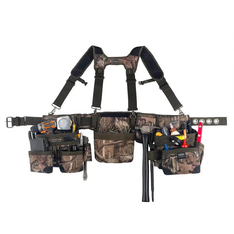 Three Bag Tool Bag Set With Suspenders In Mossy Oak Camo Heavy Duty 1680D Poly Fabric LoadBear Stretch Suspension For Comfort