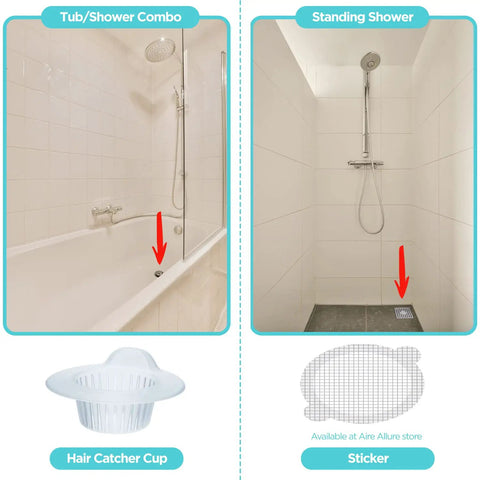 Large Disposable Hair Catcher Strainers For Bathroom Sink And Bathtub Drain 25 Pack White shown in tub/shower combo and standing shower.
