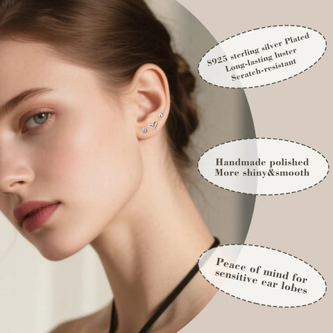 Three Pairs 925 Sterling Silver Stud Earrings Set For Women Hypoallergenic CZ Ball And Heart Mini Studs For Second Hole Lightweight Nickel Free Jewelry Includes Small Heart CZ Everyday Sparkle You Can Rock All Day. model wearing three small S925 studs