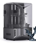 Saturn 4 Ultra 16K Resin 3D Printer With 10 Inch Mono LCD And Flip Up Lid Smart Tank Heating To 30 C shown next to printed dragon model