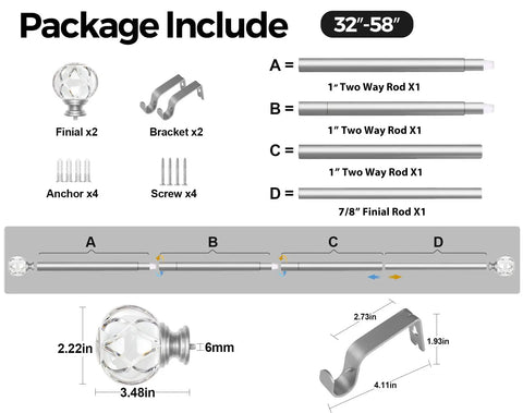Package contents for 1 Inch Curtain Rod Set For Windows 32 To 58 Inches Telescoping Silver Rods With Sparkly Acrylic Crystal Finials