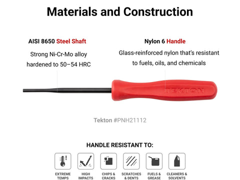 Red Nylon 6 handle and AISI 8650 steel shaft of Probe Set Three-Piece Pro Grade For Precision Work With Narrow Blunted Tips Fits 1/16, 1/8, And 3/16 Inch Holes Long Slender Square Handles Ideal For Delicate Components And Electronics Assembly And Fine Mechanical Tasks.