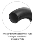 Close-up of thicker butyl rubber inner tube from Rear 16x1.75 Tire And Inner Tube Set For Jogging Stroller Wheels Fits 16x1.75 47 305 Compatible With Revolution Pro Flex SE Ironman And Stroller Strides Models All In One Replacement Tire Kit.