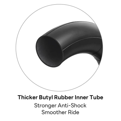 Close-up of thicker butyl rubber inner tube from Rear 16x1.75 Tire And Inner Tube Set For Jogging Stroller Wheels Fits 16x1.75 47 305 Compatible With Revolution Pro Flex SE Ironman And Stroller Strides Models All In One Replacement Tire Kit.