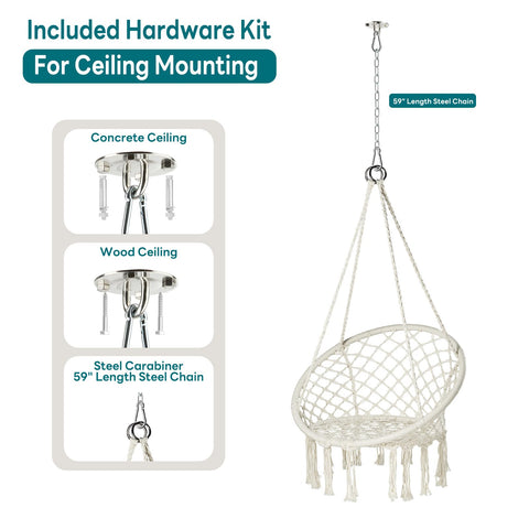 Macrame Hammock Chair Hanging Swing For Indoor Outdoor Use 330 Lbs Capacity Handwoven Cotton Rope Includes 2 Cushions And Hardware Kit Beige with mounting kit