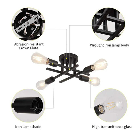 Detailed view of Semi Flush Mount 4 Light Ceiling Chandelier Matte Black With E26 Base showing construction and materials.