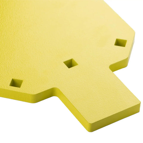 Close-up of Ar500 Steel Silhouette Target 7 By 12 Inches Half Inch Thick For Rifle Practice showing yellow steel texture and mounting holes.