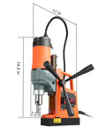 Beefy 1450W Magnetic Drill Press Delivers Dead Tight Grip And Lightning Fast Cutting For Serious Metal Fabrication Comes Loaded With Top Shelf Eleven Piece Bit Kit, shown side view, dimensions 14.2 in x 11 in x 7.3 in.