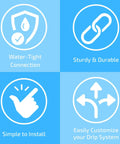 Icons describing features of Half Inch Drip Irrigation Coupling Fittings 12 Pack Barbed Connectors for Repairing and Extending Drip Lines