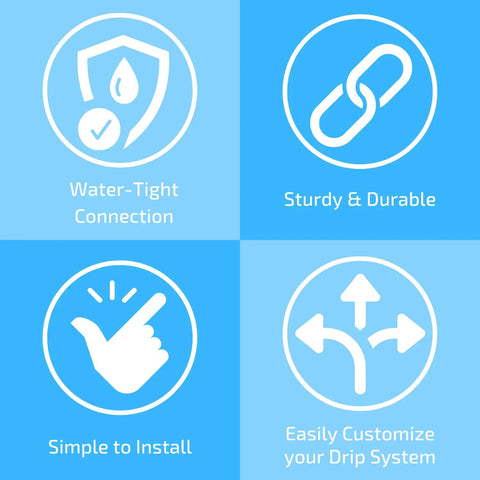 Icons describing features of Half Inch Drip Irrigation Coupling Fittings 12 Pack Barbed Connectors for Repairing and Extending Drip Lines