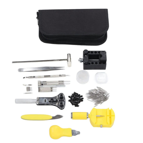 147-Piece Watch Maintenance Kit For DIY Repairs with spring bar remover, case opener, screwdrivers, tweezers, and storage bag