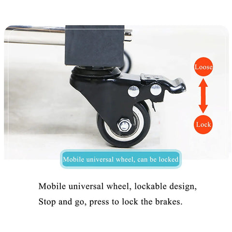 Close-up of lockable wheel on Floor Mounted Broom And Mop Holder Rack With Thick Rubber Clips Movable Cabinet Organizer.