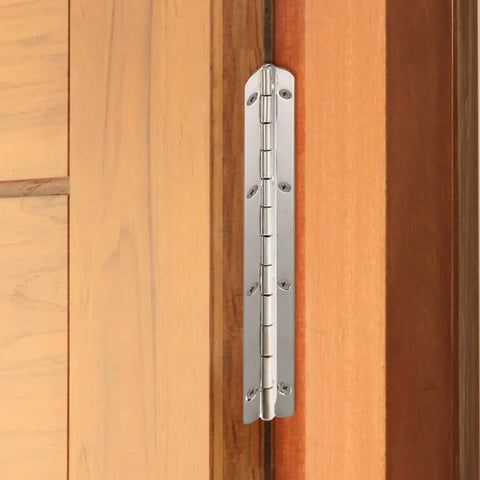 Six Piece Heavy Duty Piano Hinges Forged From Solid Iron For Tough Jewelry Boxes And Travel Luggage Rugged Construction Keeps Things Locked Tight During A 180 Degree Open mounted on wooden panel.