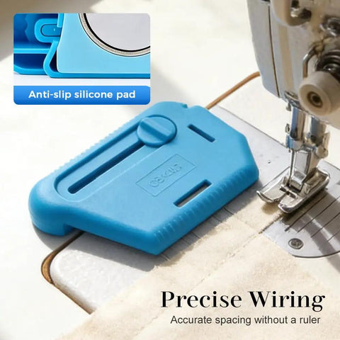 Magnetic Seam Guide For Sewing Machine 3 In 1 With Built In Scale And Seam Ripper next to presser foot on sewing machine.